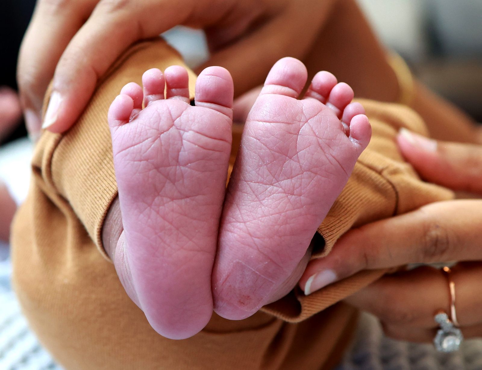Close up of a newborn baby's feet held in an adult's hands