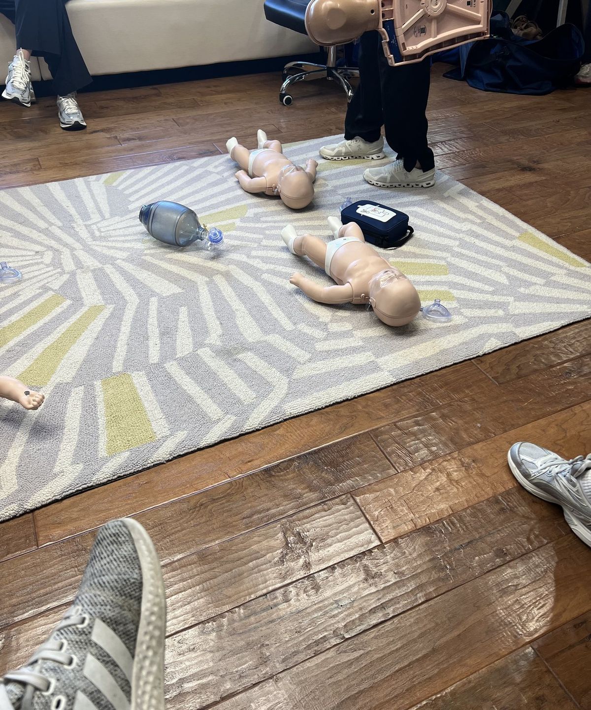 Adult and infant manikins, bag valve masks and an AED trainer laid out on a rug